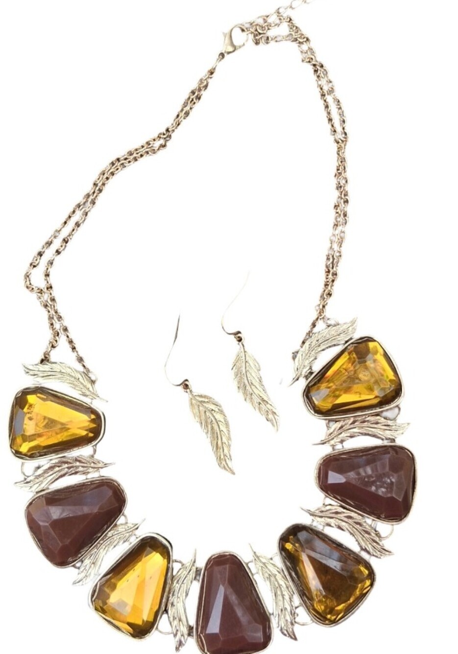 NWOT Gold Tone Amber Brown Statement Collar Necklace Feather Dangle Earrings Set